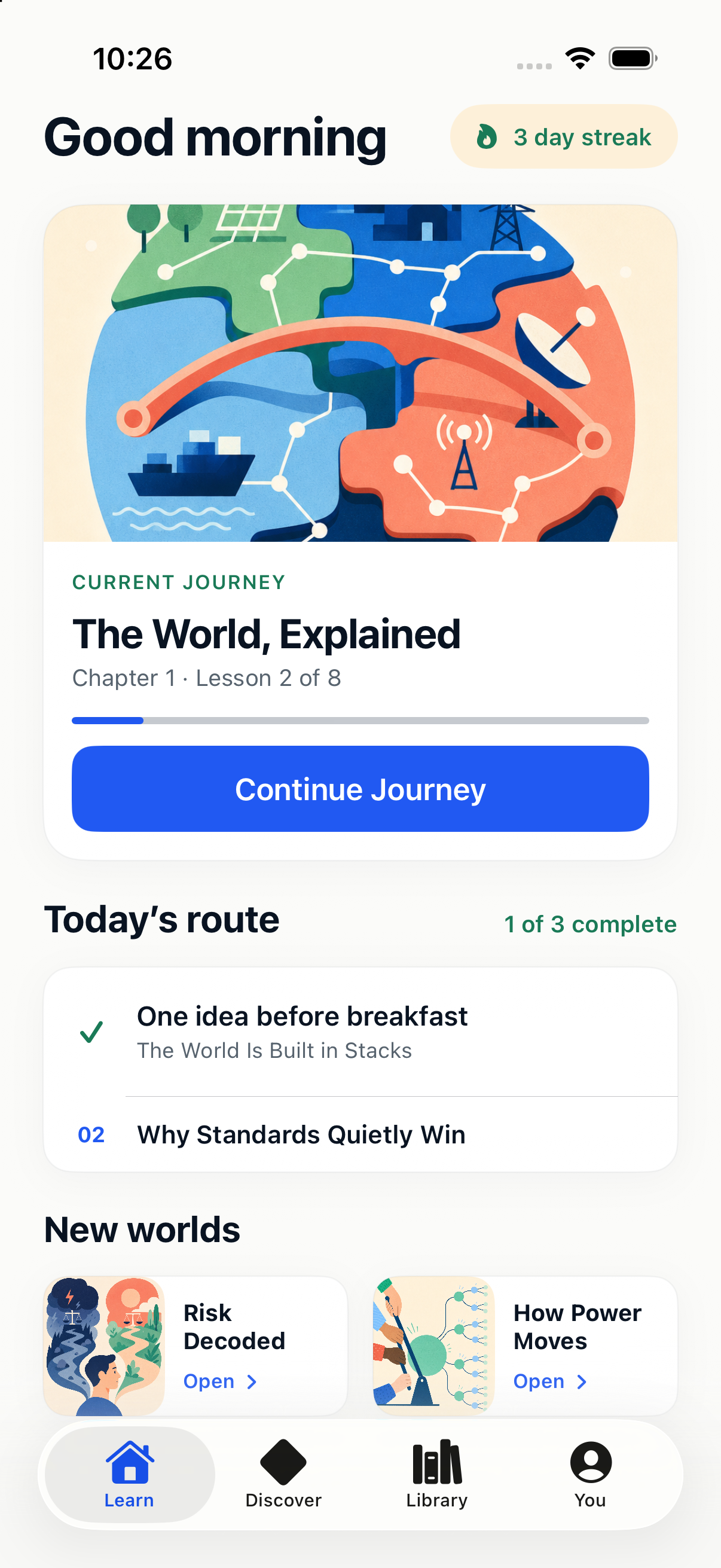 Journey home screen with continue learning and suggested journeys