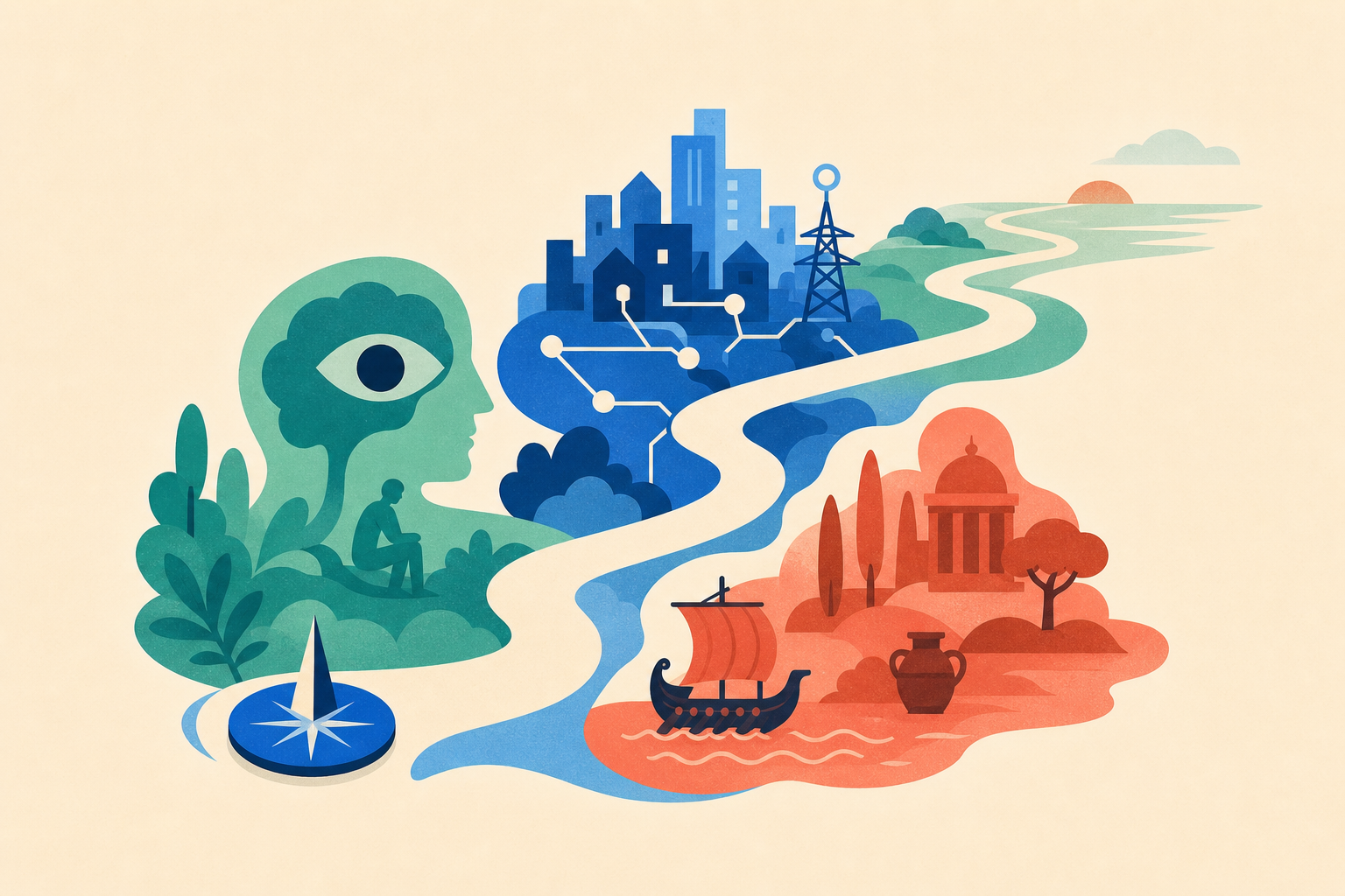 An illustrated path winding through mountains, a compass and a glowing horizon